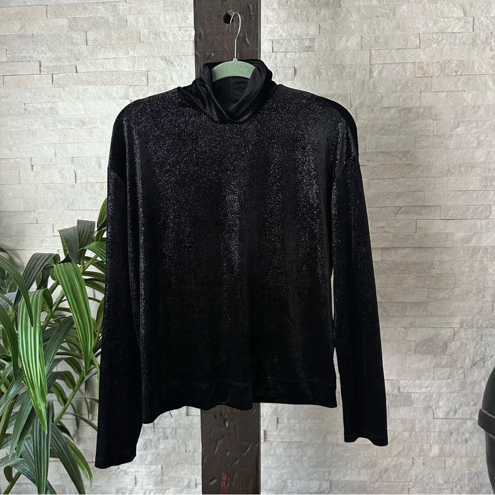 EMPORIO ARMANI Black Glitter Velvet Turtleneck Cowl Long Sleeve Blouse 44